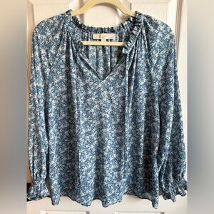 LOFT Notch-neck Blue and White Floral Print Blouse, Size Medium